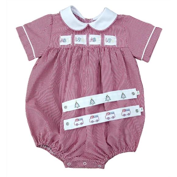 NEW LULLABY SET girl's noah ribbon bubble romper in ridgeland red minigingham